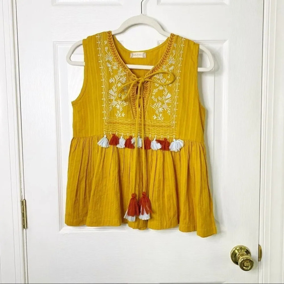 ALTAR'D‎ STATE Mustard Yellow Embroidered Tassel Boho Sleeveless Top - Picture 1 of 9